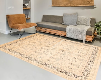 8x10 Beige Ivory Pastel Vintage Rug, Oversize Vintage Rug, Large Area Rug, 8x10 Rug, Handmade Wool Rug, 8x10 Vintage Rug, Rug For Bedroom