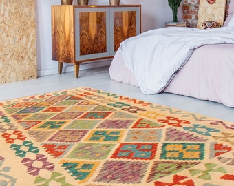 3x5 Cream Green Vintage Kilim Rug, 3x5 Kilim Rug, 3x5, Wool Handwoven Kilim, 3x5 Rugs, 3x5 Vintage Rug, Geometric Style, Rug For Bedroom 58s