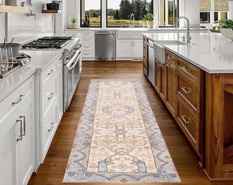 2x8 Runner Rug, 2x8 Oushak Runner, 2x8 Cream & Light Blue Oushak Runner Rug, 2x8, Aesthetic Handmade Oushak, 2x8 Rug, Oushak Runner 2x8, 58s
