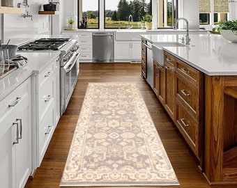 3x8 Gray Beige Oushak Runner Rug, 3x8 Oushak Runner, 3x8 Rug, Handmade Wool Oushak, 3x8 Runner Rug, 3x8 Vintage Runner Rugs For Hallway