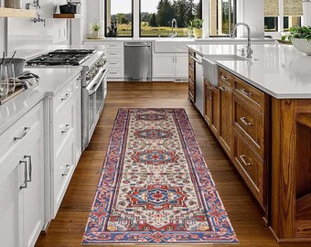 2x10 Blue Red Vintage Runner Rug- 2x10 Vintage Runner- Handmade Wool Rug- 2x10 Rugs- Retro Oriental Style- 2x10 Turkish Runner- Antique 60s