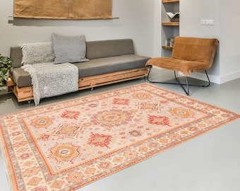 8x10 Area Rug- 8x10 Oversize Oversized Vintage Rug- Large Area Rug- Handmade Wool Rug- 8x10 Rugs- Red & Cream Carpet- Vintage Rug 8x10, 60s