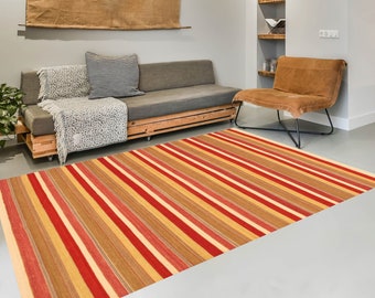 8x10 Area Rug, 8x10 Striped Kilim, 8x10 Oversized Kilim Rug, Large Area Rug, Wool Handmade Kilim, 8x10 Rug, Red Beige Kilim, Kilim Rug 8x10,