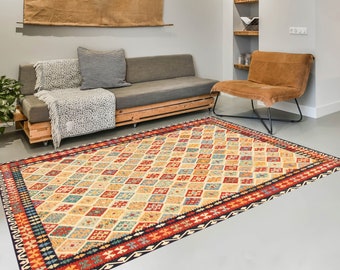 8x10 Area Rug- 8x10 Kilim Rug- 8x10 Oversized Kilim Rug- Large Area Rug- Modern Handmade Wool Rug- Kilim Rug 8x10, Ivory & Red Kilim 8x10