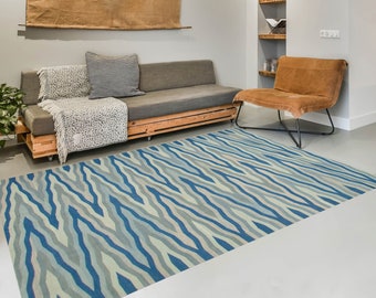 10x14 Area Rug, 10x14 Light & Dark Blue Kilim Rug, Oversize Kilim Rug, Large Area Rug, 10x14 Rugs, Handmade Wool Jute Kilim, Kilim Rug 10x14