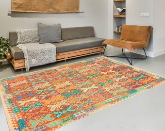 8x12 Area Rug, 8x12 Cream & Teal Green Kilim Rug, Oversized Kilim Rug, Large Area Rug, 8x12 Rugs, Handmade Wool Jute Kilim, Kilim Rug 8x12