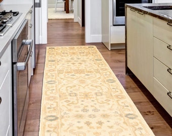 3x10 Khaki Beige Oushak Runner, 3x10 Oushak Runner Rug, 3x10, Wool Handmade Turkey, Soft Pastel Bohemian, Oushak Runner 3x10, Rug For Entry