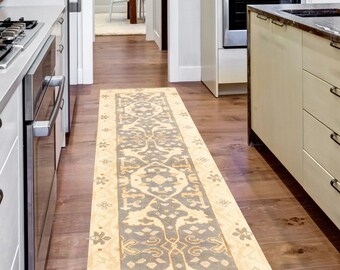 2x10 Cream Gray Oushak Runner Rug, 2x10 Oushak Runner, 2x10 Rug, Wool Handmade Aesthetic, Floral Botanical Style, Soft Pastel Bohemian, 60s