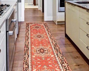 3x10 Red Beige Vintage Runner Rug, 3x10 Vintage Runner, 3x10, Oushak Handmade Rug, Turkish Runner 3x10, 3x10 Runners, Vintage Runner Rug