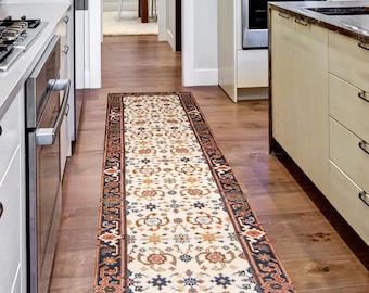 2x10 Cream Blue Vintage Runner Rug, 2x10 Vintage Runner, 2x10 Runner Rug, Wool Handmade Turkey, 2x10 Rug, Bordered Floral Style, 60s Antique