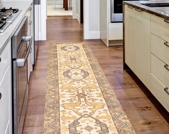 2x12 Runner Rug, 2x12 Oushak Runner, 2x12 Cream & Brown Oushak Runner Rug, 2x12, Aesthetic Handmade Rug, 2x12 Rugs, Vintage Runner 2x12, 59s