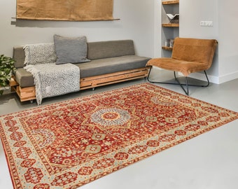 8x10 Light Blue Red Vintage Rug, Oversize Vintage Rug, Large Area Rug, 8x10 Rugs, Retro Handmade Wool Rug, 8x10 Rug, Vintage Rug 8x10, 62s