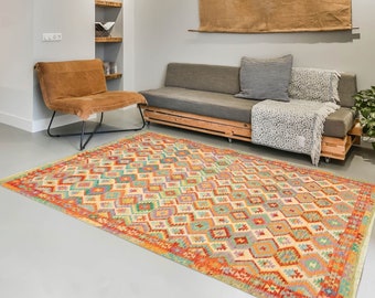8x10 Green Red Tribal Kilim Rug, Oversized Kilim Rug, Large Area Rug, 8x10 Rugs, Jute Handmade Kilim, Braided Bohemian Style, Kilim Rug 8x10