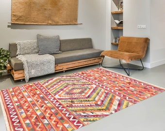 8x10 Area Rug, 8x10 Kilim Rug, 8x10 Dark Red & Orange Kilim Rug, Oversize Kilim Rug, Large Area Rug, Wool Jute Handmade Rug, 8x10 Rug, Gİft