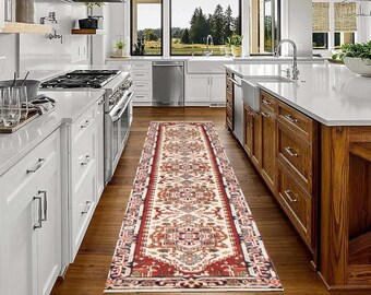 2x15 Cream & Red Long Vintage Runner Rug, 2x15 Vintage Runner, 2x15 Rug, Wool Hand Woven Rug, 2x15 Turkish Runner, Oriental Style, Antique