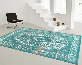 9x14 Retro Oversize Rug, Handmade Wool Rug, 9x14 Teal Green Vintage Rug, 9'4x13'10 Ft, Rug For Living Room