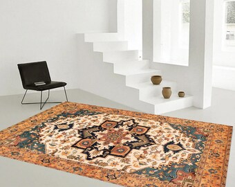 9x12 Cream and Orange Vintage Rug, 9x12 Vintage Rug, 9x12 Oversize Vintage Rug, Large Area Rug, 9x12 Rug, Wool Handmade Turkish Rug, Antique