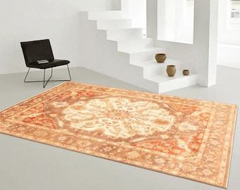 9x13 Brown Cream Retro Vintage Rug, 9x13 Oversize Vintage Rug Large Area Rug Handmade Wool Aesthetic Rug 9x13 Rugs Oriental Bordered Style