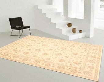 8x10 Area Rug- 8x10 Cream Blue Oushak Rug- 8x10 Oversize Oushak Rug- Large Area Rug- Handmade Wool Rug- 8x10 Rugs- Floral Bordered Style 60s