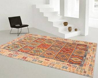 8x11 Area Rug, 8x11 Cream & Blue Wool Kilim Rug, Oversize Kilim Rug, Large Area Rug, 8x11 Rugs, Aesthetic Handmade Kilim, Kilim Rug 8x11