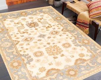 4x6 Rug 4x6 Oushak Rug 4x6 MODERN VINTAGE OUSHAK Rug 4x6 Wool Handmade Turkey 4x6 Area Rug Light Blue & Beige Oushak Rug Rug For Office 60s