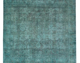 9x9 Area Rug, 9x9 Square Vintage, 9x9 Oversize Square Vintage Rug, Large Handmade Wool Rug, 9x9 Rugs, Shades Of Teal Green Carpet, Antique