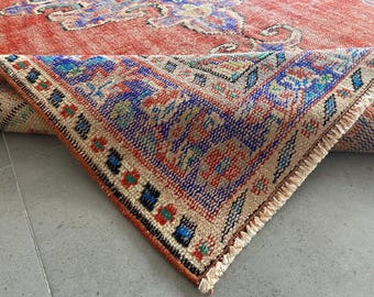 4x7 Red & Blue Wide Vintage Rug, 4x7 Vintage Rug 4x7 Rug Handmade Wool Rug 4x7 Area Rug 4x7 Turkish Rug Oriental Style Living Room Rug 57s