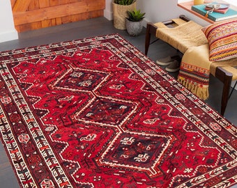 5x8 Area Rug, 5x8 Tribal Vintage, 5x8 Red Navy Blue Vintage Rug, 5x8 Rug, Aesthetic Handmade Vintage, 5x8, Turkish Rug 5x8, Rug For Bedroom