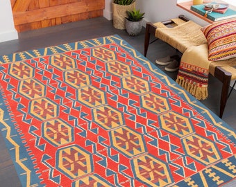 6x8 Geometric Tribal Kilim Rug, 6x8 Kilim Rug, 6x8 Rug, Handmade Wool Jute Kilim, 6x8 Area Rug, Shade Of Blue Red Kilim, 6x8 Vintage Rug