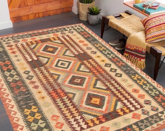 4x6 Brown Red Tribal Kilim Rug, 4x6 Kilim Rug, 4x6 Rug, Hand Woven Wool Kilim, Mid Century Modern Rug, 4x6 Area Rug, Vintage Rug 4x6, 58s