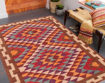 5x7 Kilim Rug, 5x7 Colorful Vintage Kilim Rug, 5x7 Rug, Handmade Wool Jute Kilim, 5x7 Area Rug, Shade Of Brown Purple Kilim, 5x7 Vintage Rug