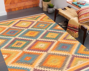 6x8 Beige Green Orange Kilim Rug, 6x8 Kilim Rug 6x8 Rug Handmade Wool Jute Kilim Rug 6x8 Area Rug 6x8 Vintage Rug Bohemian Style Farmhouse