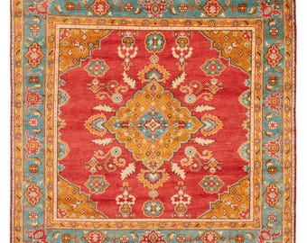 8x8 Area Rug, 8x8 Square Vintage, 8x8 Red Turquoise Square Vintage Rug, 8x8, Turkish Handmade Rug, 8x8 Rug, Classic Rustic Style, Square 8x8