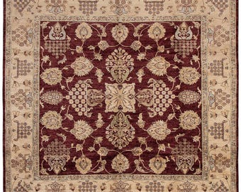 8x8 Area Rug, 8x8 Square Turkish, 8x8 Square Vintage Turkish Rug, 8x8, Square Handmade Rug, 8x8 Rugs, Burgundy & Cream Rug, Retro Style, 57s