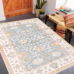 6 x 9 stoffigblauw vintage tapijt, 6 x 9 vintage tapijt, 6 x 9-tapijt, handgemaakte wollen oushak, 6 x 9-tapijt, stoffigblauw tapijt, modern uit het midden van de eeuw, Oushak-tapijt 6 x 9