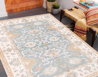 6x9 Dusty Blue Vintage Rug, 6x9 Vintage Rug, 6x9 Rug, Handmade Wool Oushak, 6x9 Area Rug, Dusty Blue Rug, Mid Century Modern, 6x9 Oushak Rug
