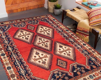 5x7 Red Navy Blue Vintage Rug, 5x7 Vintage Rug, 5x7 Rug, Aeshtetic Handmade Wool Rug, 5x7 Area Rug, Geometric Tribal Style, Vintage Rug 5x7