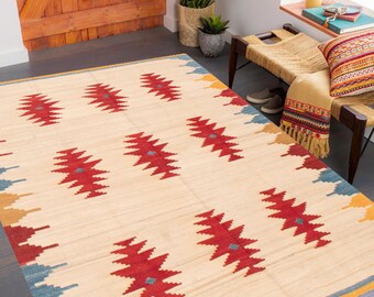 5x7 Area Rug, 5x7 Tribal Kilim, 5x7 Turkish Vintage Kilim Rug, 5x7 Rug, Handmade Wool Jute Kilim, 5x7 Rug, Ivory Red Carpet, Vintage Rug 5x7