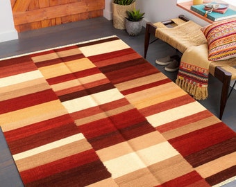 5x8 Dark Red Striped Kilim Rug, 5x8 Kilim Rug Handmade Wool Kilim Rug 5x8 Rugs Mid Century Modern Rug Striped Modern Style Kilim Rug 5x8