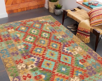 4x7 Turkish Vintage Wool Kilim Rug, 4x7 Kilim Rug 4x7 Rug Wool Handmade Turkey Rug 4x7 Area Rug Green Red Kilim Rug 4x7 Turish Rug Antique