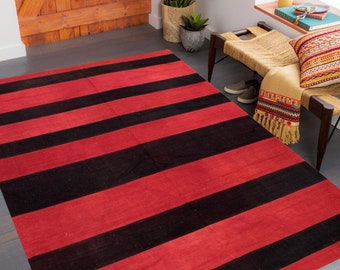6x8 Jute Kilim Rug, 6x8 Red Black Vintage Kilim Rug, 6x8 Rug, Handmade Wool Jute Kilim, 6x8 Area Rug, Mid Century Modern, Kilim Rug 6x8