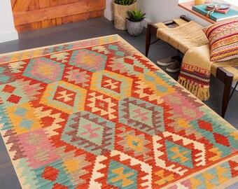 5x7 Red Orange Green Kilim Rug, 5x7 Kilim Rug 5x7 Rug Handmade Wool Jute Kilim Rug 5x7 Turkish Rug Geometric Eclectic Style Farmhouse Room