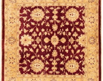 6x6 Retro Square Oushak Rug- 6x6 Oushak Rug- Aesthetic Handmade Wool Rug- 6x6 Rugs- Dark Red Khaki Oushak- Bordered Floral Style- Antique