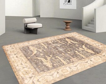 8x10 Oversize Vintage Rug, Large Area Rug, 8x10 Rug, Handmade Wool Oushak, 8x10 Vintage Rug, Rugs For Living Room, Dark Gray Beige Carpet