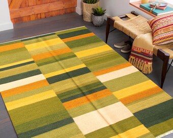 5x7 Modern Jute Kilim Rug, 5x7 Kilim Rug, 5x7, Wool Handmade WoolRug, 5x7 Rug, Shade Of Green Kilim, 5x7 Turkish Rugs For Living Room