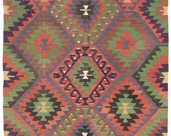 5x9 Kilim Rug, 5x9 Turkish Vintage Kilim Rug, 5x9, Handmade Wool Rug, 5x9 Rug, Shade Of Red Green Kilim, Geometric Style, Kilim Rug 5x9, 59s