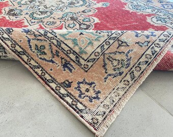 3x6 Red Beige Oriental Vintage Rug, 3x6 Vintage Rug 3x6 Rug Aesthetic Handmade Wool Rug 3x6 Area Rug 3x6 Turkish Rug Living Room Rug Bedroom