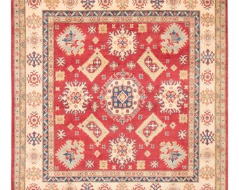 7x7 Area Rug, 7x7 Square Vintage, 7x7 Red Blue Square Vintage Rug, Handmade Wool Rug, 7x7 Rugs, Mid Century Modern Rug, Square Rug 7x7, 60s