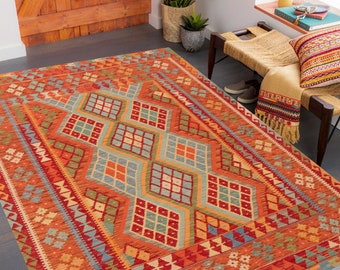 5x7 Kilim Rug, 5x7 Red Green Jute Kilim Rug, 5x7, Hand Woven Wool Rug, 5x7 Area Rug, Geometric Tribal Decor, Kilim Rug 5x7, Living Room 57s