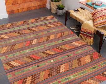 6x9 Jute Orange Green Kilim Rug, 6x9 Kilim Rug, 6x9 Rug, Hand Woven Jute Kilim Rug, Modern Striped Style, Turkish Kilim, Rug For Farmhouse